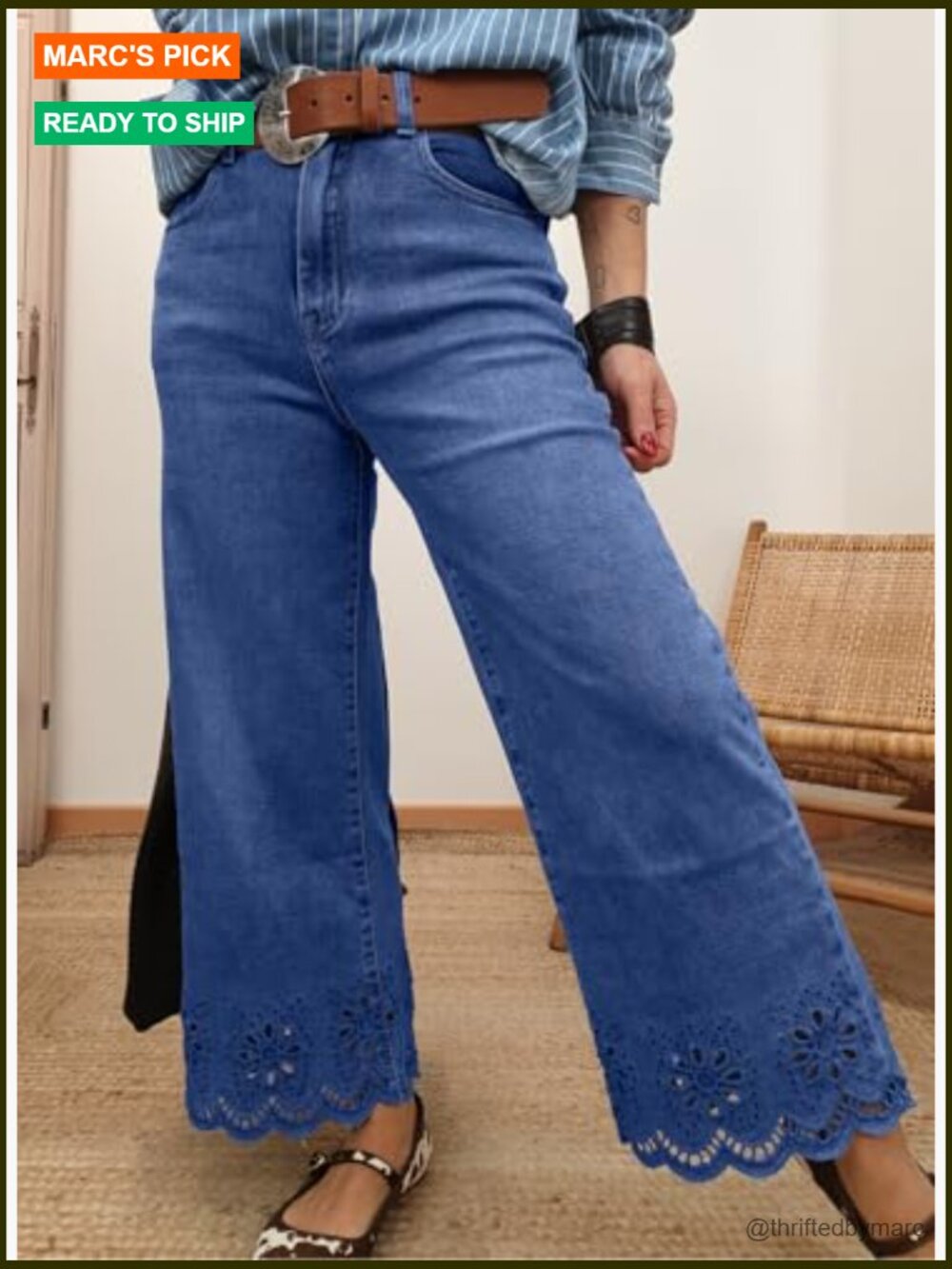 Wide Leg Embroidered Jeans High Waisted Stretchy Straight Loose Fit Ankle Denim - Picture 3 of 7